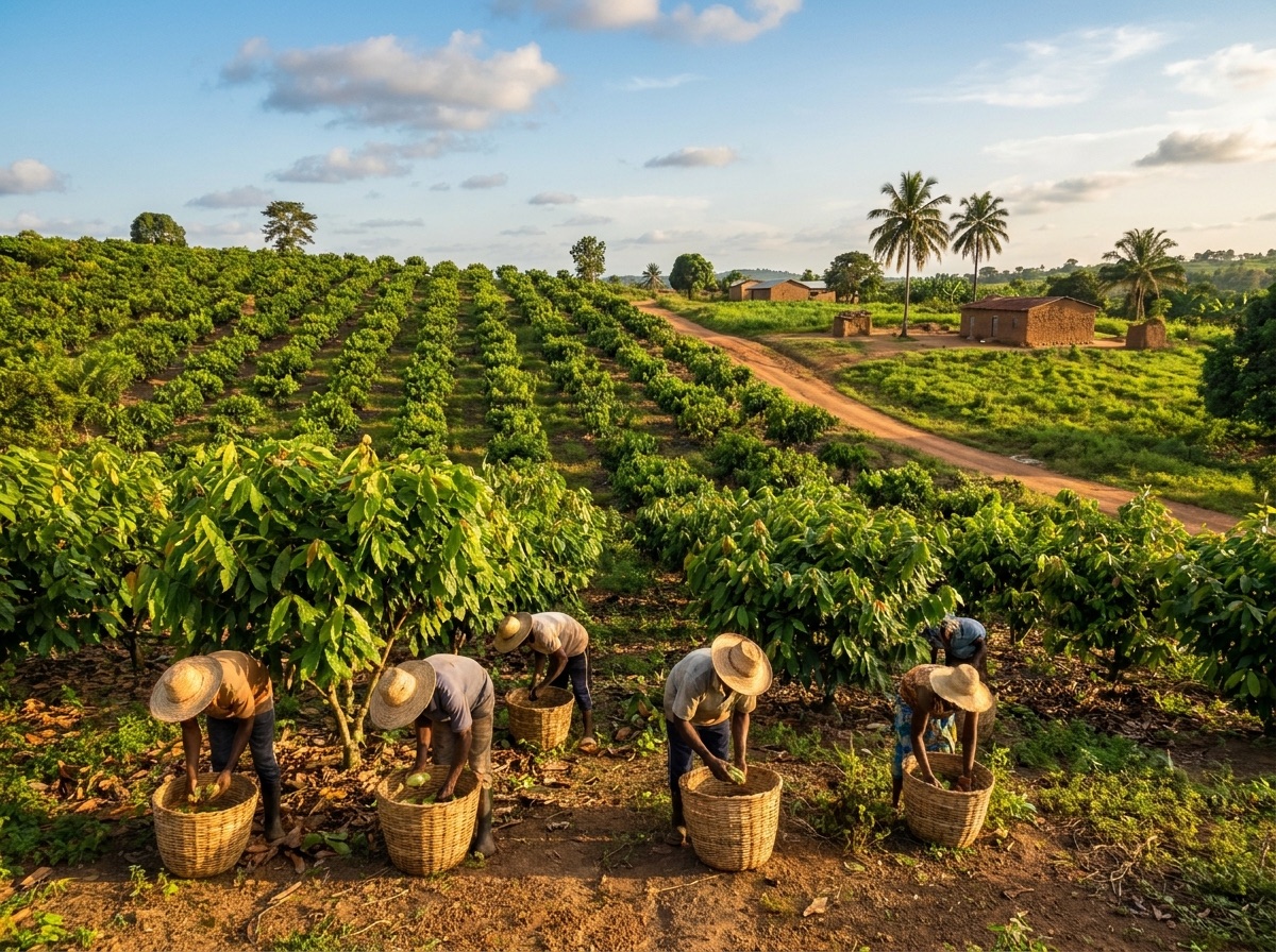 Farm workers harvesting on a cashew and cocoa plantation in West Africa