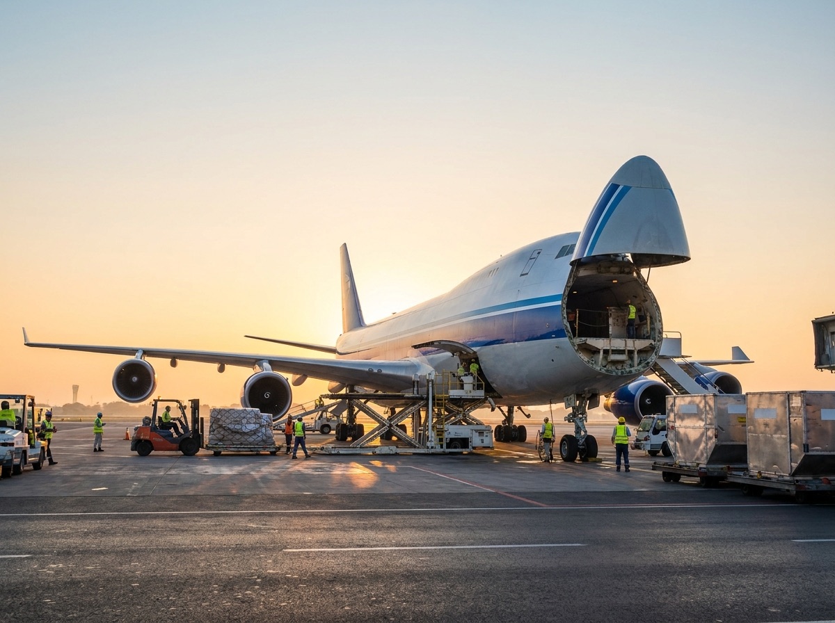 Air-freight cargo plane being loaded on the tarmac