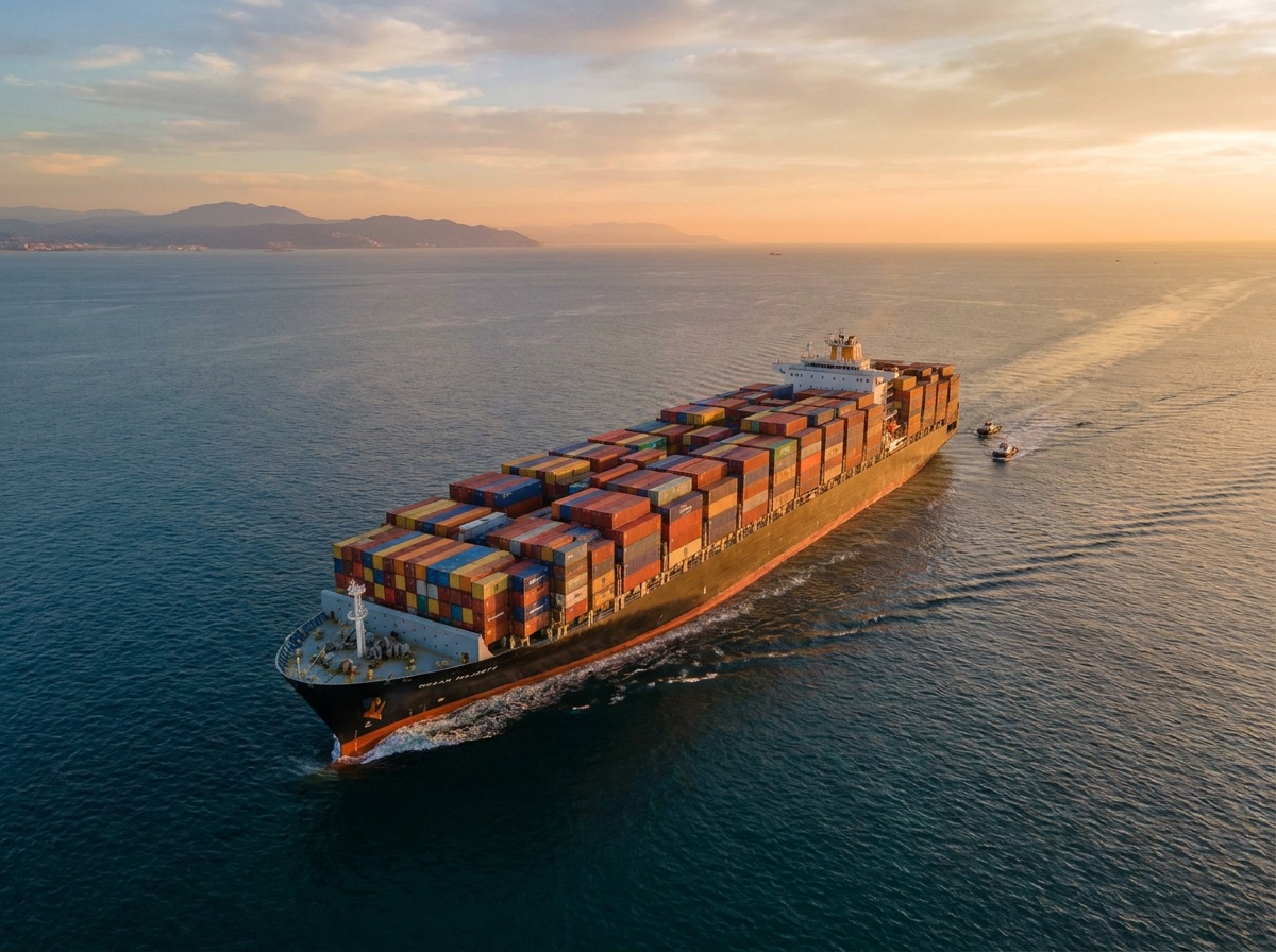 Container cargo ship loaded with shipping containers sailing at sea